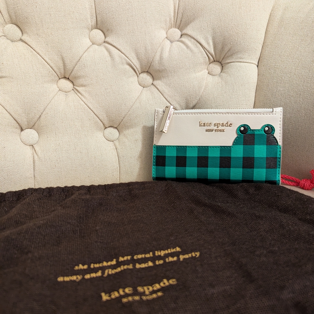 Kate Spade Frog Green Check Slim Wallet